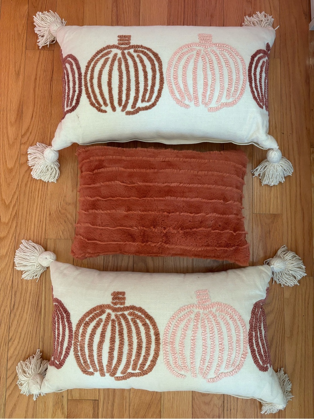 Set of 3 Decorative Pumpkin Accent Pillows in Cream and Rust